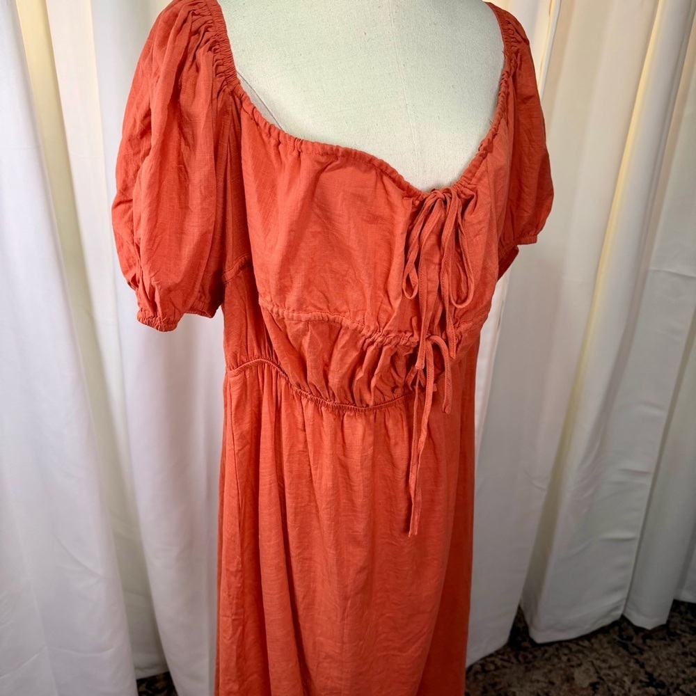 NWOT SHEIN Burnt Orange Tie-Bust Puff-Sleeve Cotton Gauze Milkmaid Dress Size 4X - Picture 13 of 16